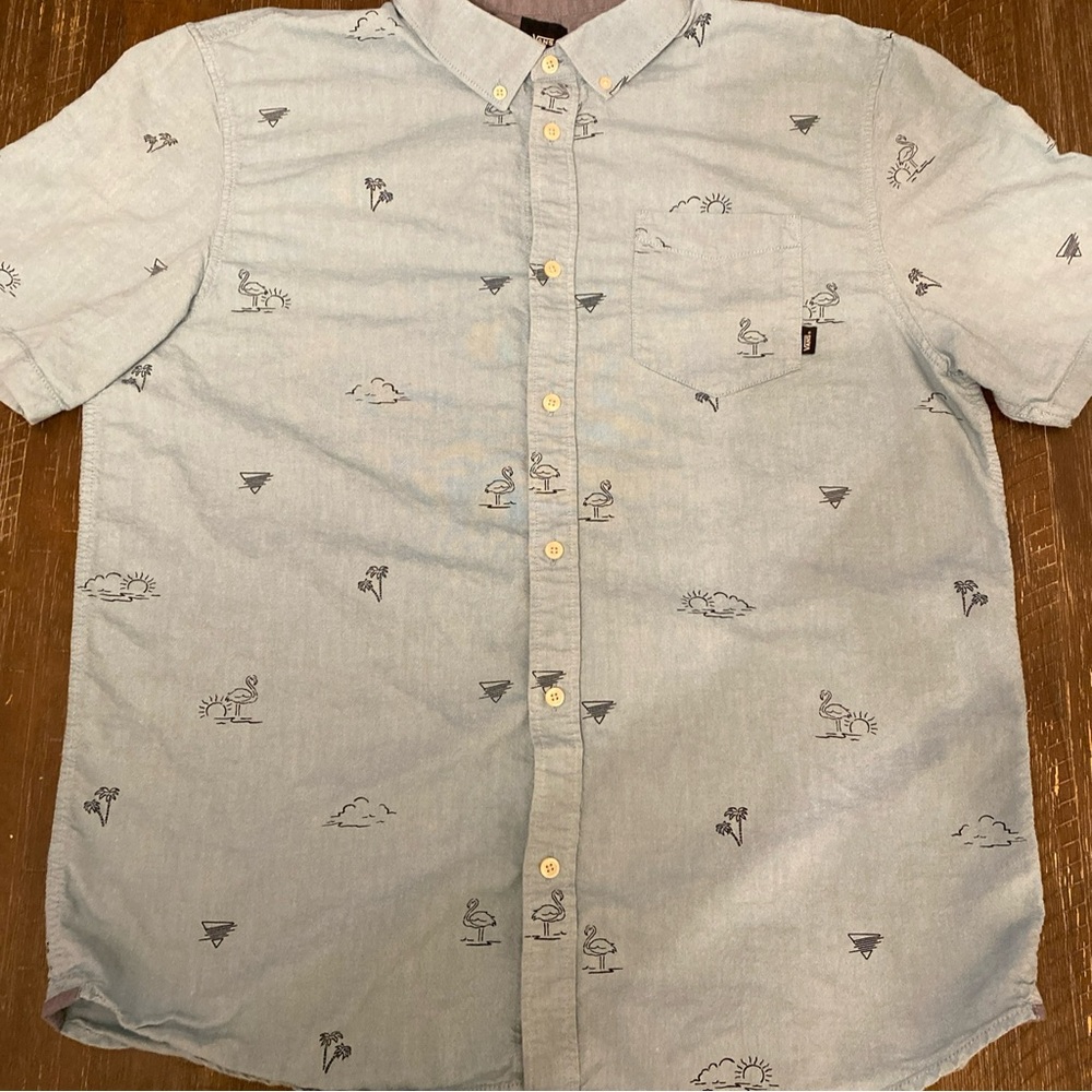VANS Shirt Adult XL Light Blue Flamingo All Over Print Casual Mens Skater - Picture 4 of 10